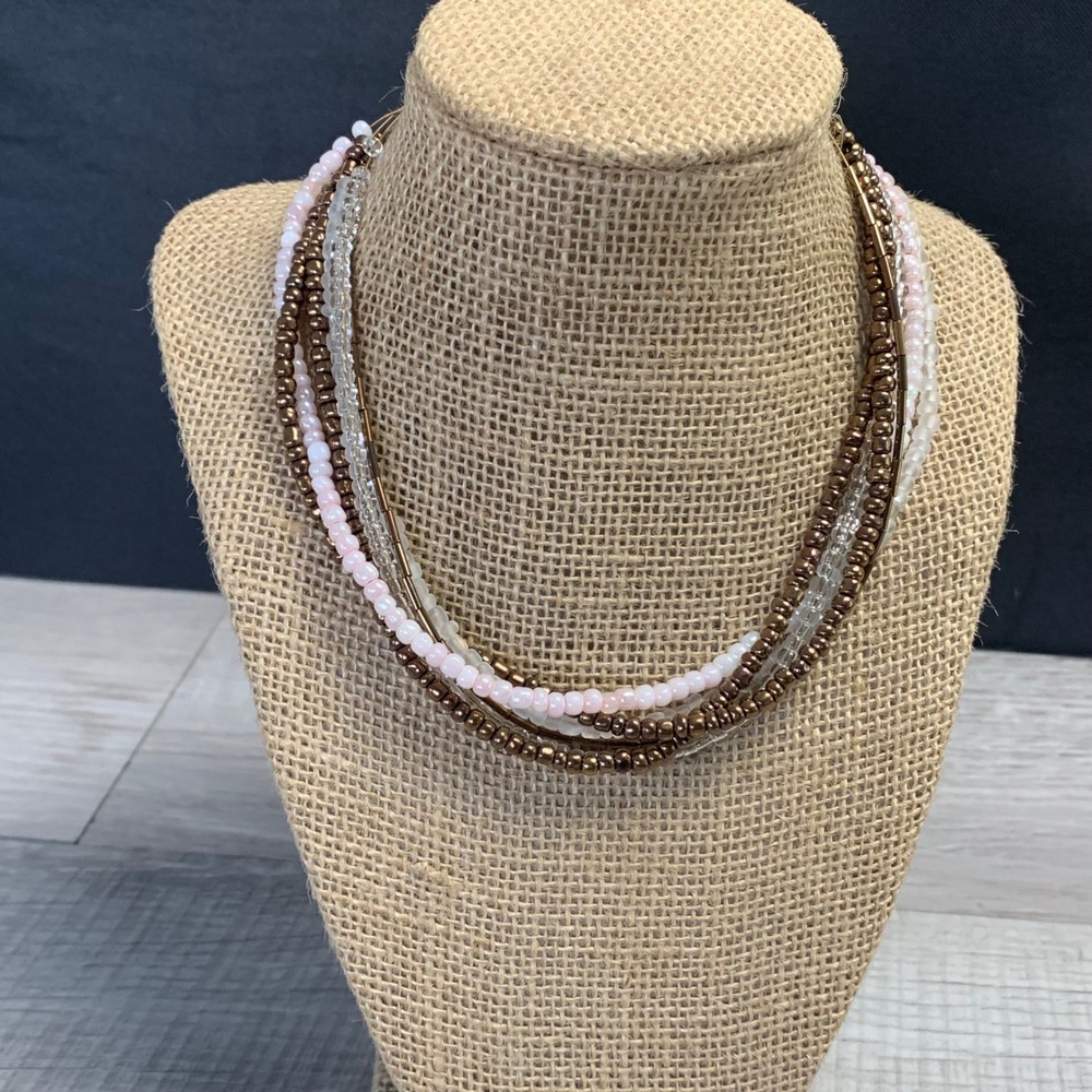 Multi Strand Seed Bead Necklace Pink Bronze Clear Layered 16 Inch Adjustable